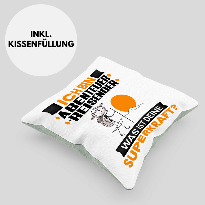 Abenteurreisender Kissen mit Füllung 40x40 Geschenk für Abenteurreisender Geburtstag Lustiger Spruch Was Ist Deine Superkraft (Grau) Grün Trendation