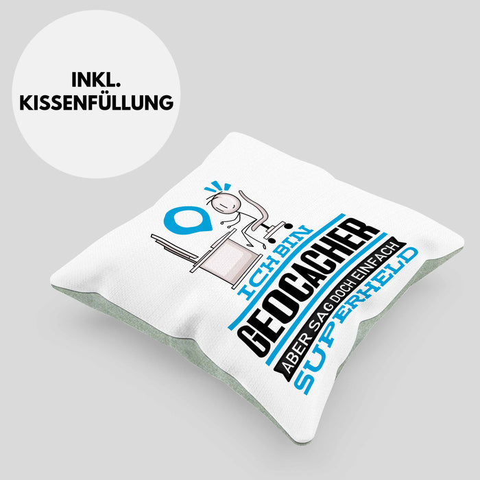 Geocacher Geschenk Kissen mit Füllung 40x40 Ich Bin Geocacher Aber Sag Doch Einfach Superheld Lustige Geschenkdiee für Geocacher (Grau) Grün Trendation