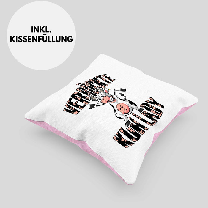 Lustige Kissen mit Füllung 40x40 Geschenk Frauen "Verrückte Kuhlady" Bauernhof Bäuerin (Grau) Rosa Trendation