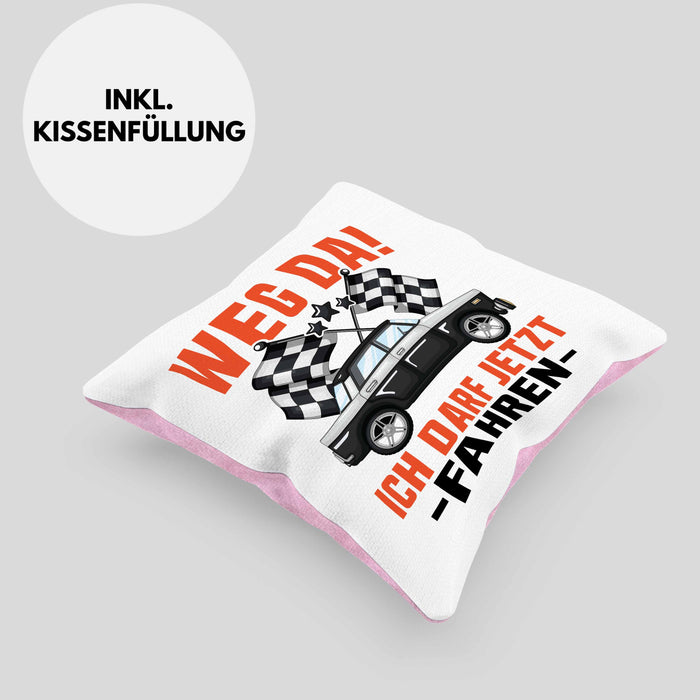 Führerschein Bestanden Geschenk Kissen mit Füllung 40x40 Bestandener Führerschein Weg Da Ich Darf Jetzt Fahren Fahrschule (Grau) Rosa Trendation