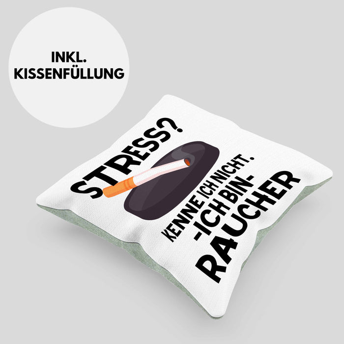 Raucher Geschenk Kissen mit Füllung 40x40 Spruch Stress? Kenne Ich Nicht Ich Bin Raucher Geschenkidee Zigaretten (Grau) Grün Trendation