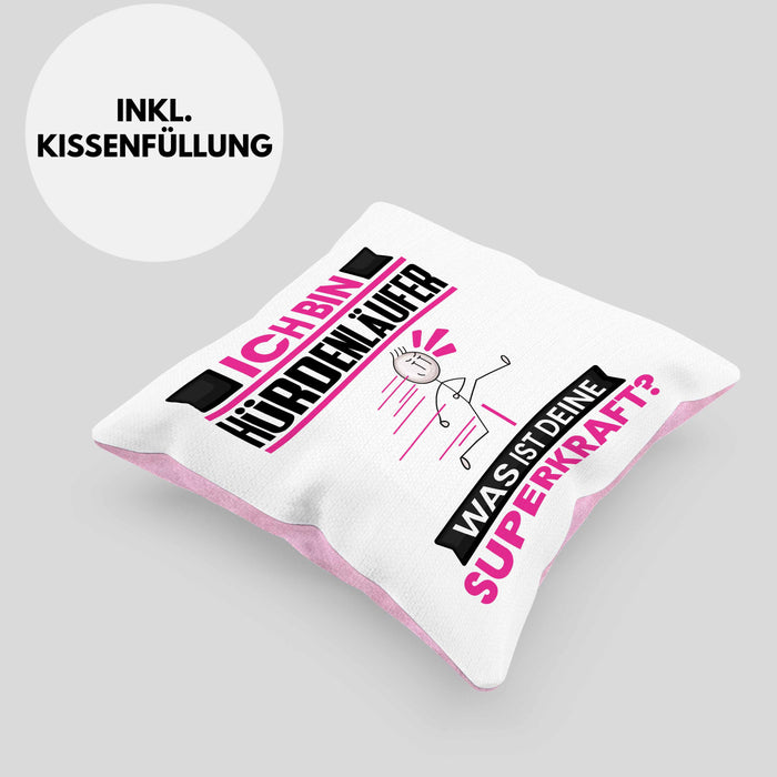 Hürdenläufer Kissen mit Füllung 40x40 Geschenk für Hürdenläufer Geburtstag Lustiger Spruch Was Ist Deine Superkraft (Grau) Rosa Trendation