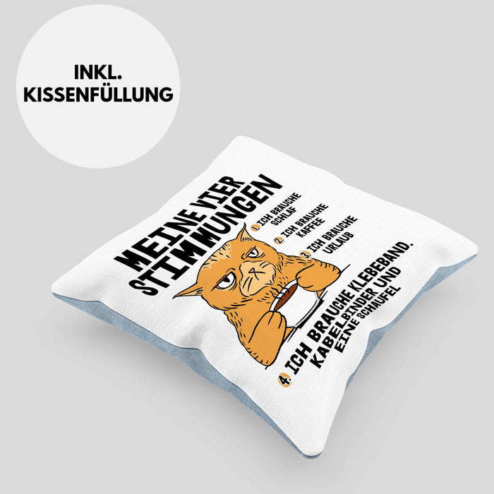 Katze Kissen mit Füllung 40x40 Geschenk Katzenbesitzerin Lustige Sprüche Kaffee Urlaub Müde Meine Vier Kaffeestimungen (Grau) Blau Trendation