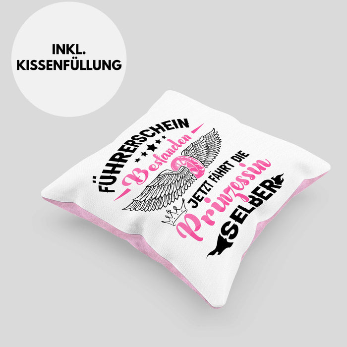 Führerschein Bestanden Kissen mit Füllung 40x40 Geschenk Frauen Mädchen Prinzessin Geschenk zum Bestandenden Führerschein (Grau) Rosa Trendation