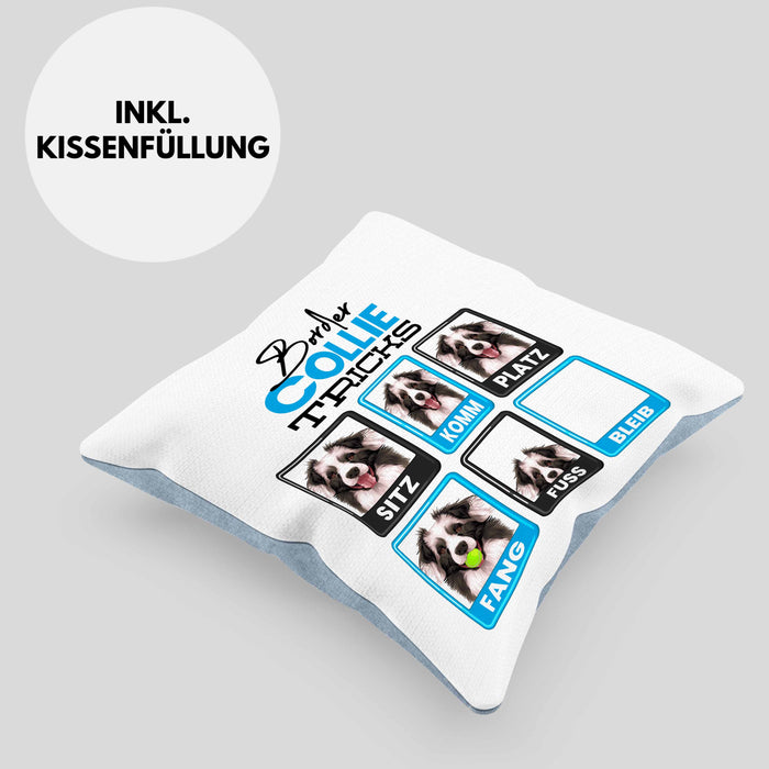 Border Collies Besitzer Kissen mit Füllung 40x40 Geschenk Lustiger Spruch Geschenkidee Border Collies Tricks Bleib (Grau) Blau Trendation