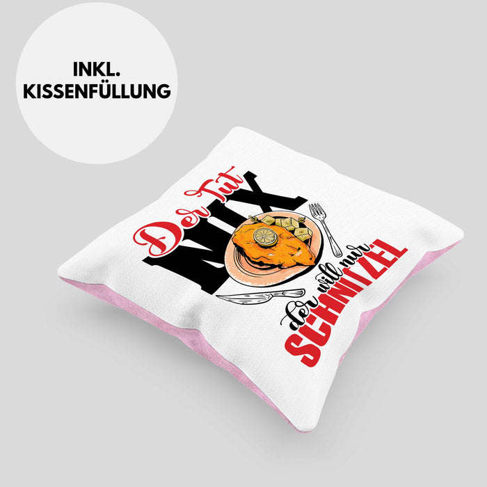 Schnitzel Kissen mit Füllung 40x40 "Der tut nix, der will nur Schnitzel" Geschenkidee für Schnitzelliebhaber (Grau) Rosa Trendation