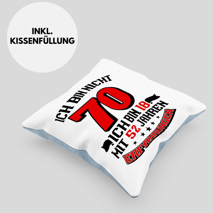 Kissen mit Füllung 40x40 70. Geburtstag Geschenkidee für Männer Frauen Spruch 70 Jahre 18 mit 52 Jahre Erfahrungen (Grau) Blau Trendation