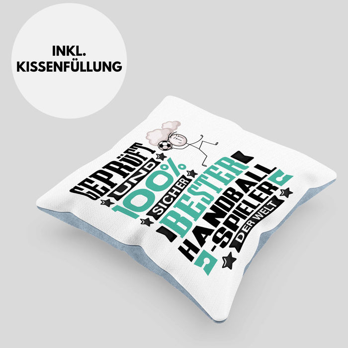 Handballspieler Geschenk Lustiger Spruch für Handballspieler Geschenkidee Bester Handballspieler Der WeltKissen mit Füllung 40x40 (Grau) Blau Trendation