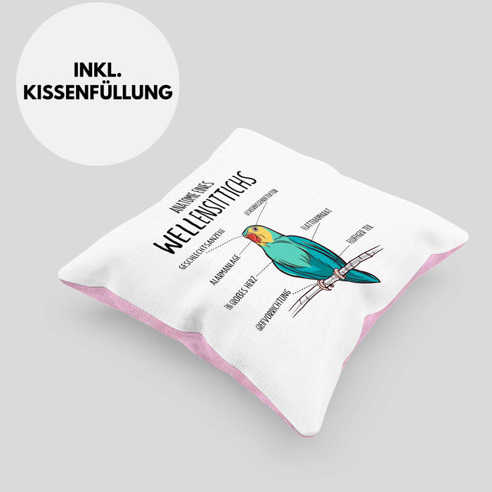 Lustige Wellensittich-Kissen mit Füllung 40x40 Geschenk für Wellensittich-Besitzer (Grau) Rosa Trendation