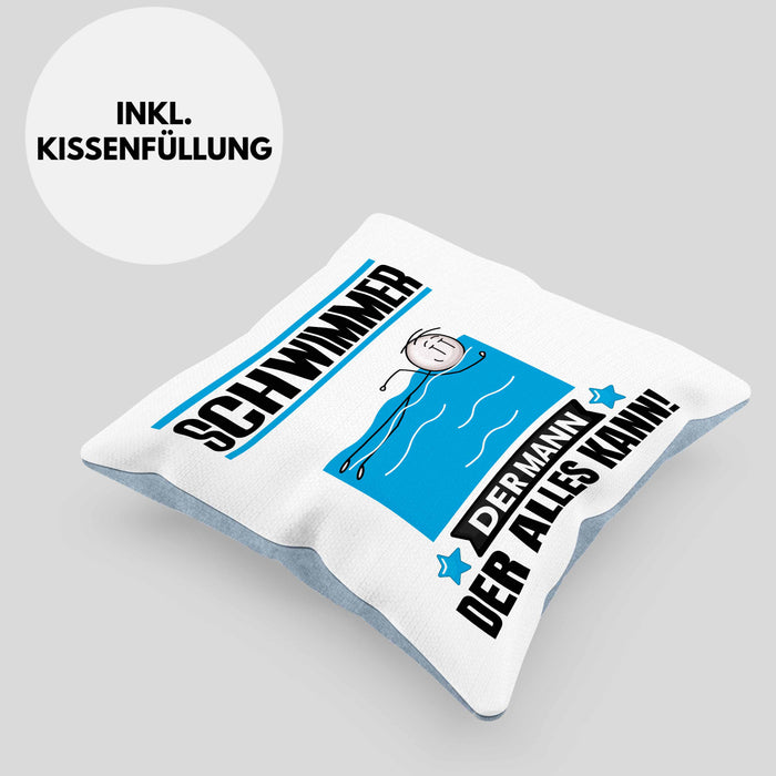 Schwimmer Kissen mit Füllung 40x40 Geschenk für Schwimmer Der Mann Der Alles Kann Geschenkidee zum Geburtstag (Grau) Blau Trendation