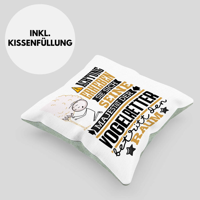 Vogelretter Geschenk Kissen mit Füllung 40x40 Lustiger Spruch Erheben Sie Sich Der Vogelretter Betritt den Raum (Grau) Grün Trendation