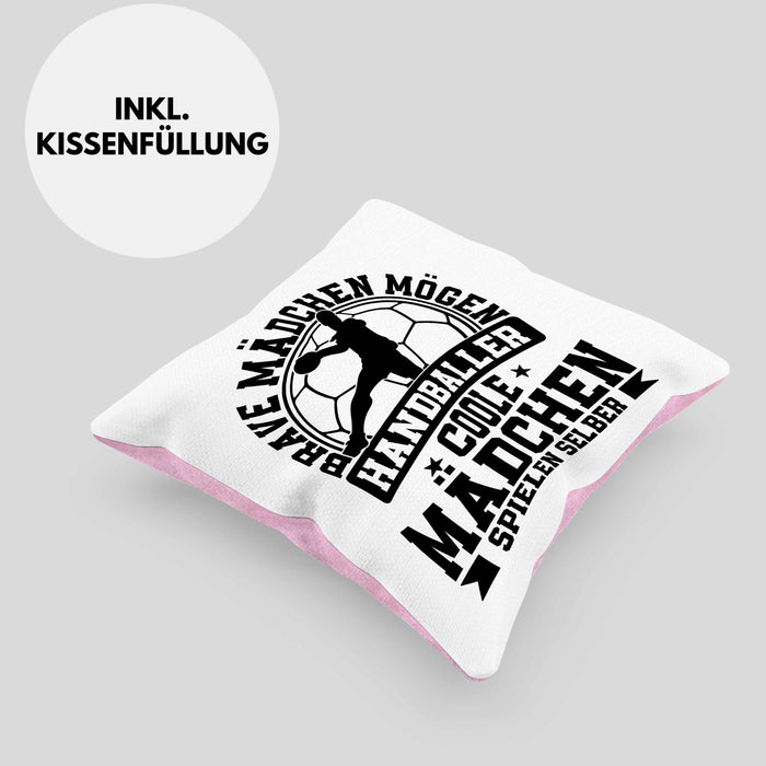 Mädchen Handball-Spielerin Kissen mit Füllung 40x40 Geschenk Spruch Echte Mädchen Spielen Handball Geschenkidee Frauen Brave Mädchen Mögen Handballer (Grau) Rosa Trendation