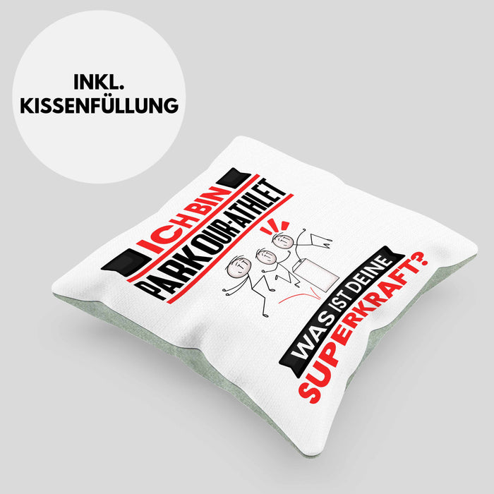 Parkour-Athlet Kissen mit Füllung 40x40 Geschenk für Parkour-Athlet Geburtstag Lustiger Spruch Was Ist Deine Superkraft (Grau) Grün Trendation