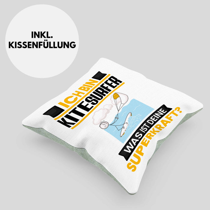 Kitesurfer Kissen mit Füllung 40x40 Geschenk für Kitesurfer Geburtstag Lustiger Spruch Was Ist Deine Superkraft (Grau) Grün Trendation