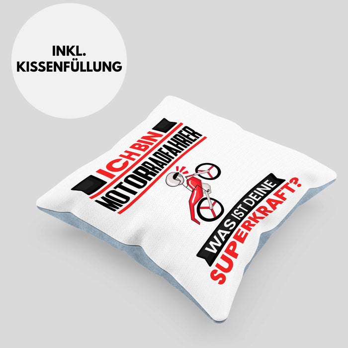 Motorradfahrer Kissen mit Füllung 40x40 Geschenk für Motorradfahrer Geburtstag Lustiger Spruch Was Ist Deine Superkraft (Grau) Blau Trendation
