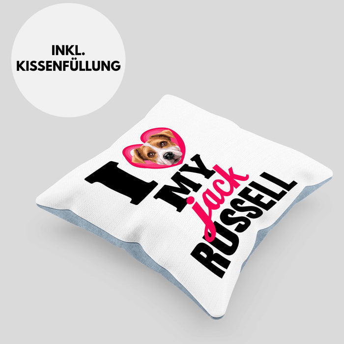 Jack Russell Besitzerin Kissen mit Füllung 40x40 Geschenk Lustiger Spruch Geschenkidee I Love My Jack Russell (Grau) Blau Trendation