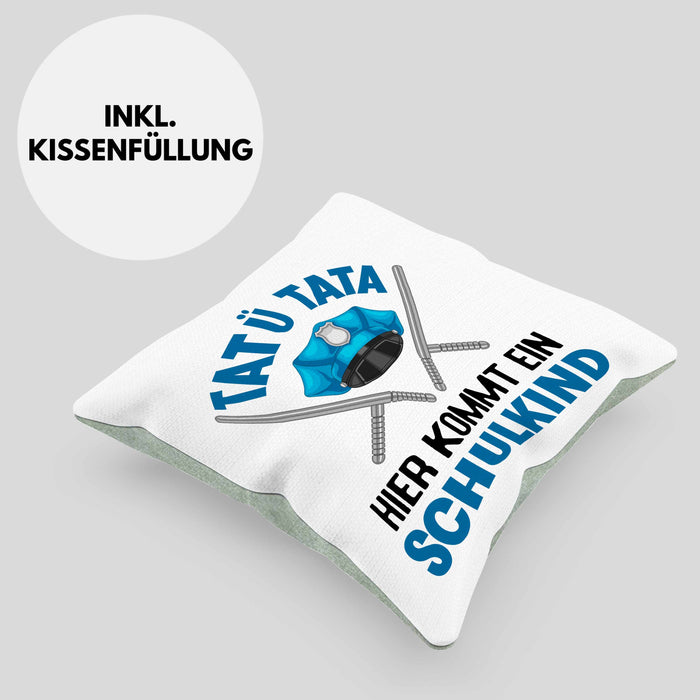 Einschulung Junge Tatü Tata Schulkind Geschenk für Schultüte Füllung Kissen mit Füllung 40x40 Schulstart 1. Schultag Schuleinführung Schulanfang Geschenkidee 2024 (Grau) Grün Trendation