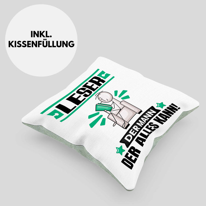 Leser Kissen mit Füllung 40x40 Geschenk für Leser Der Mann Der Alles Kann Geschenkidee zum Geburtstag (Grau) Grün Trendation