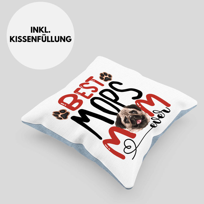 Mops Mom Besitzerin Kissen mit Füllung 40x40 Geschenk Lustiger Spruch Geschenkidee Besitzerin Mops Mama (Grau) Blau Trendation