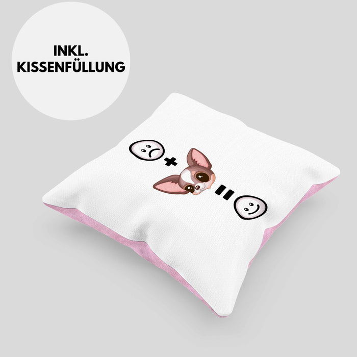 Chihuahua Kissen mit Füllung 40x40 Geschenk für Chihuahua Besitzer Lustige Geschenkidee :( + Chihuahua = :) (Grau) Rosa Trendation