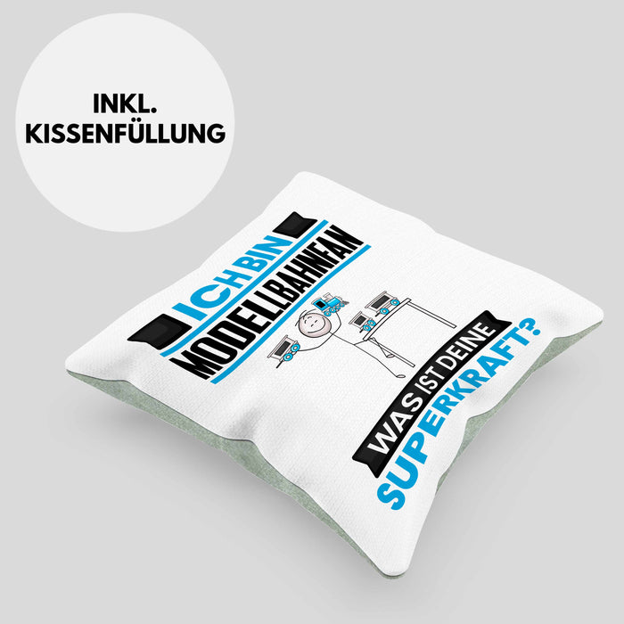 Modellbahnfan Kissen mit Füllung 40x40 Geschenk für Modellbahnfan Geburtstag Lustiger Spruch Was Ist Deine Superkraft (Grau) Grün Trendation