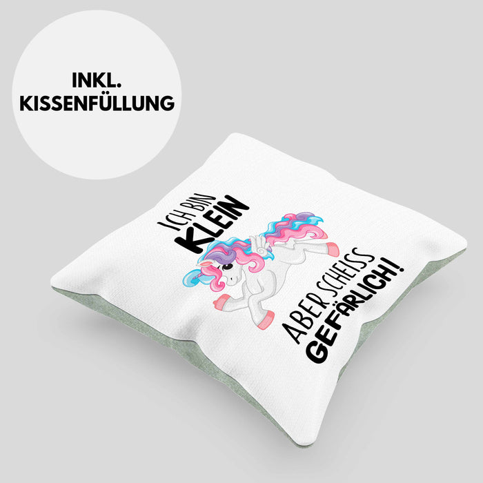 Lustige Ich Bin Klein Aber Gefährlich Kissen mit Füllung 40x40 Mit Spruch Einhorn Geschenk Mama Freundin Kollegin Geschenkidee Arbeit Frauen (Grau) Grün Trendation