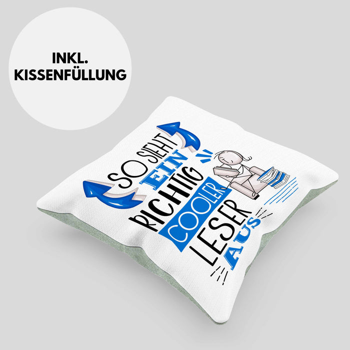 So Sieht Ein Richtig Cooler Leser Aus Geschenk Kissen mit Füllung 40x40 Lustiger Spruch Geschenkidee (Grau) Grün Trendation