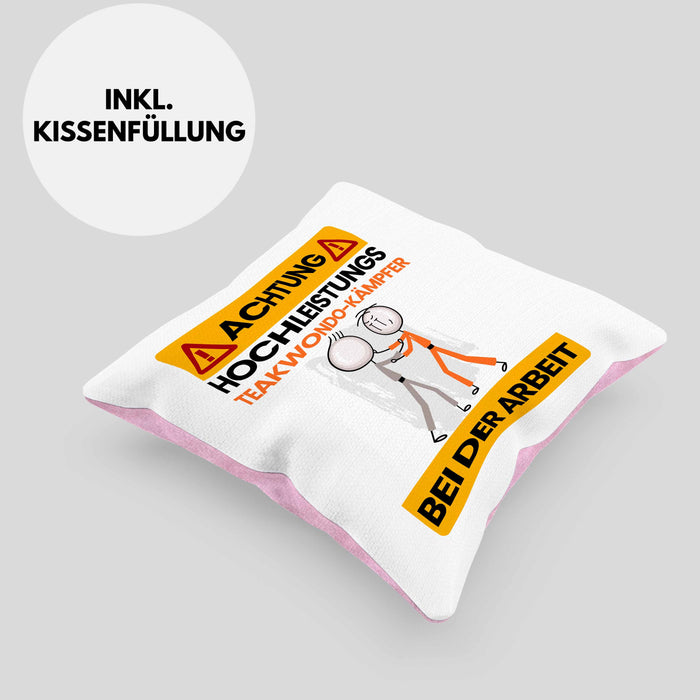 Taekwondo-Kämpfer Kissen mit Füllung 40x40 Geschenk Lustiger Spruch Geschenkidee für Taekwondo-Kämpfer Achtung Hochleistungs Taekwondo-Kämpfer Bei Der Arbeit (Grau) Rosa Trendation