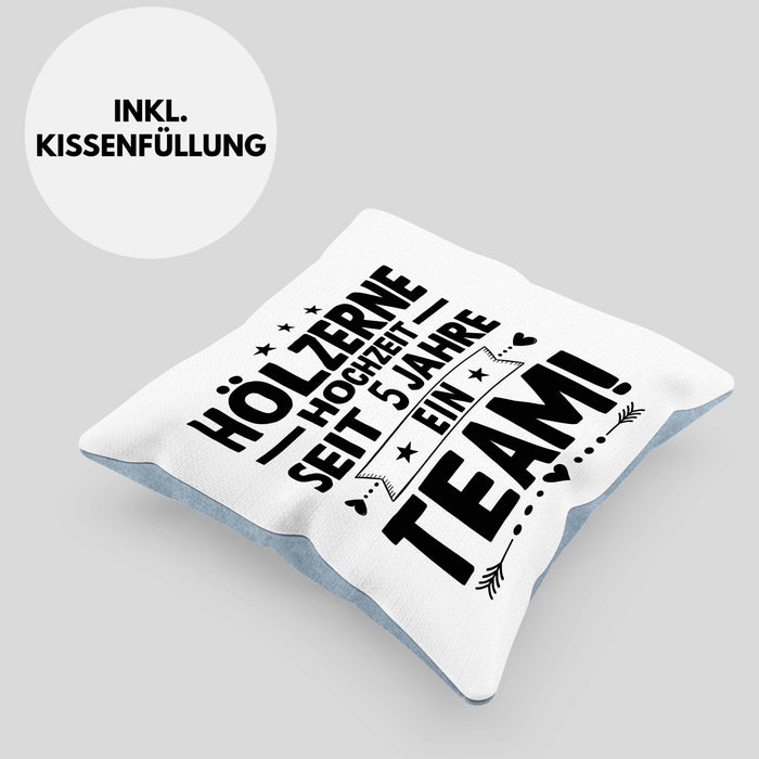 Hölzerne Hochzeit Kissen mit Füllung 40x40 Geschenk Ehemann Ehefrau Partner 5 Jahre Ein Team (Grau) Blau Trendation