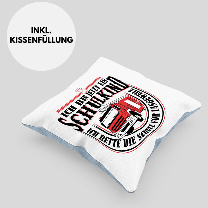 Einschulung Geschenk Jungs Kissen mit Füllung 40x40 Ich Bin Jetzt Ein Schulkind Ich Rette Die Schule Vor Langeweiele 1. Schultag Geschenkidee (Grau) Blau Trendation
