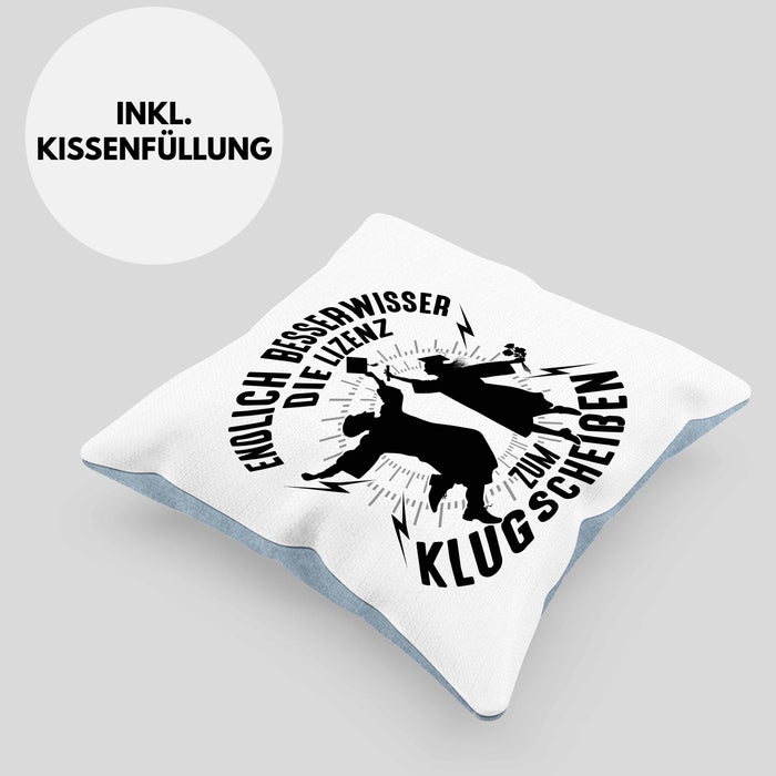 Bachelor Kissen mit Füllung 40x40 Master Studium Endlich Besserwisser Geschenk (Grau) Blau Trendation