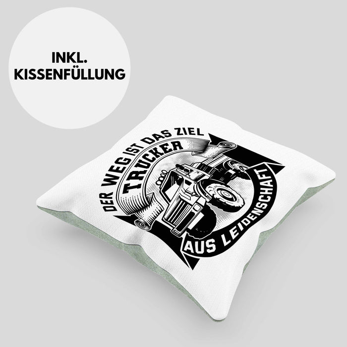 Trucker Geschenk Kissen mit Füllung 40x40 Der Weg Ist Das Ziel Trucker LKW Fahrer Geschenkidee (Grau) Grün Trendation
