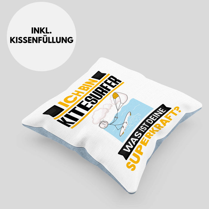 Kitesurfer Kissen mit Füllung 40x40 Geschenk für Kitesurfer Geburtstag Lustiger Spruch Was Ist Deine Superkraft (Grau) Blau Trendation