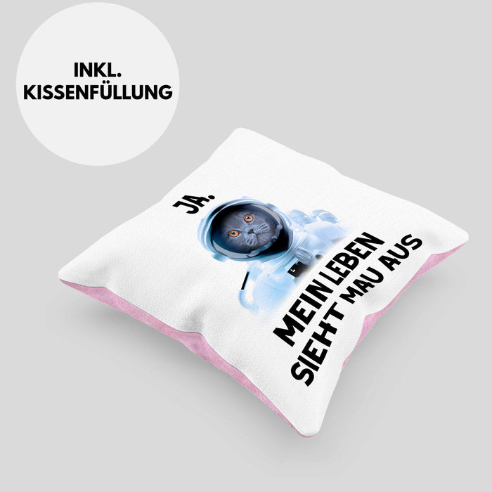 Dank Meme Kissen mit Füllung 40x40 Katzen Besitzer Wortspiel Ja Mein Leben Sieht Mau Aus Traurige Katze Geschenkidee Süße Katze Astronaut (Grau) Rosa Trendation