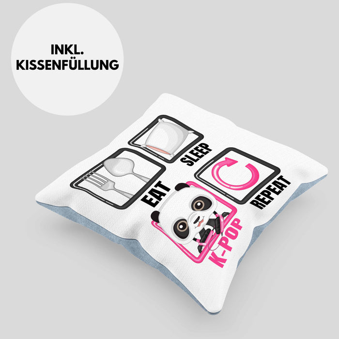 Eat Sleep K-Pop Kissen mit Füllung 40x40 Geschenk Koreanische Musik Kpop Geschenkidee Spruch (Grau) Blau Trendation