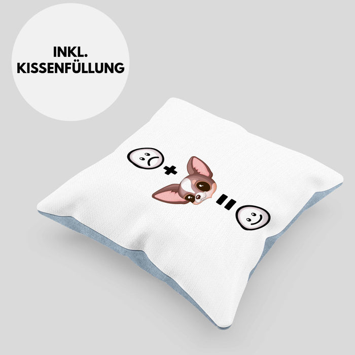 Chihuahua Kissen mit Füllung 40x40 Geschenk für Chihuahua Besitzer Lustige Geschenkidee :( + Chihuahua = :) (Grau) Blau Trendation