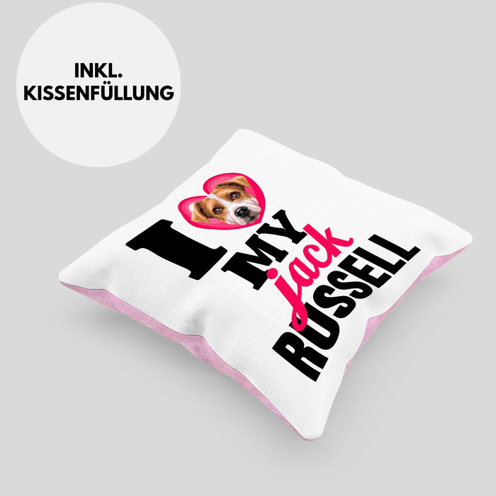 Jack Russell Besitzerin Kissen mit Füllung 40x40 Geschenk Lustiger Spruch Geschenkidee I Love My Jack Russell (Grau) Rosa Trendation