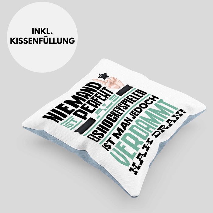 Eishockeyspieler Geschenk Kissen mit Füllung 40x40 Lustige Geschenkidee für Eishockeyspieler Geburtstag Niemand Ist Perfekt Aber Als Eishockeyspieler Ist Man Nah Dran (Grau) Blau Trendation