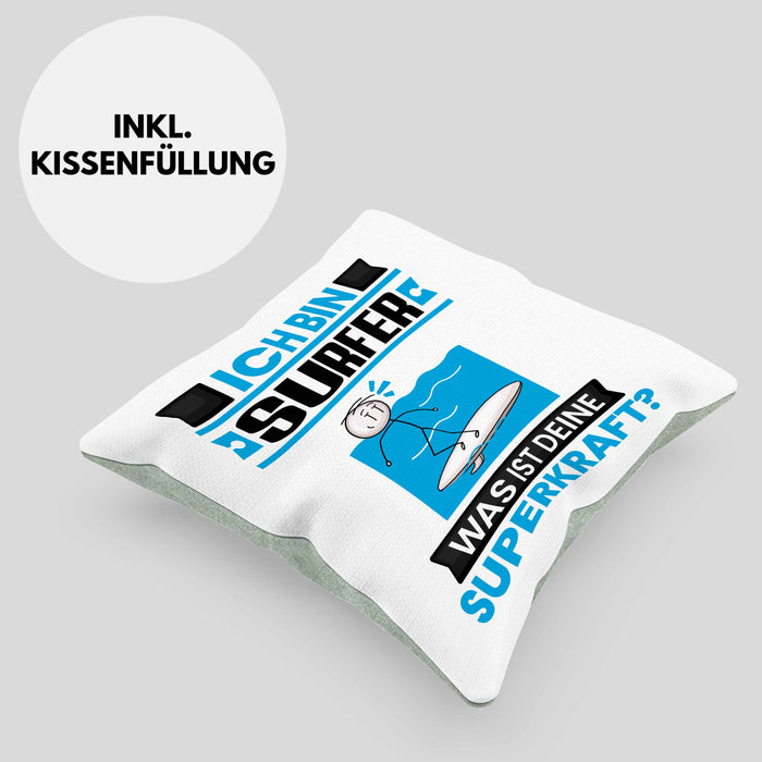 Surfer Kissen mit Füllung 40x40 Geschenk für Surfer Geburtstag Lustiger Spruch Was Ist Deine Superkraft (Grau) Grün Trendation