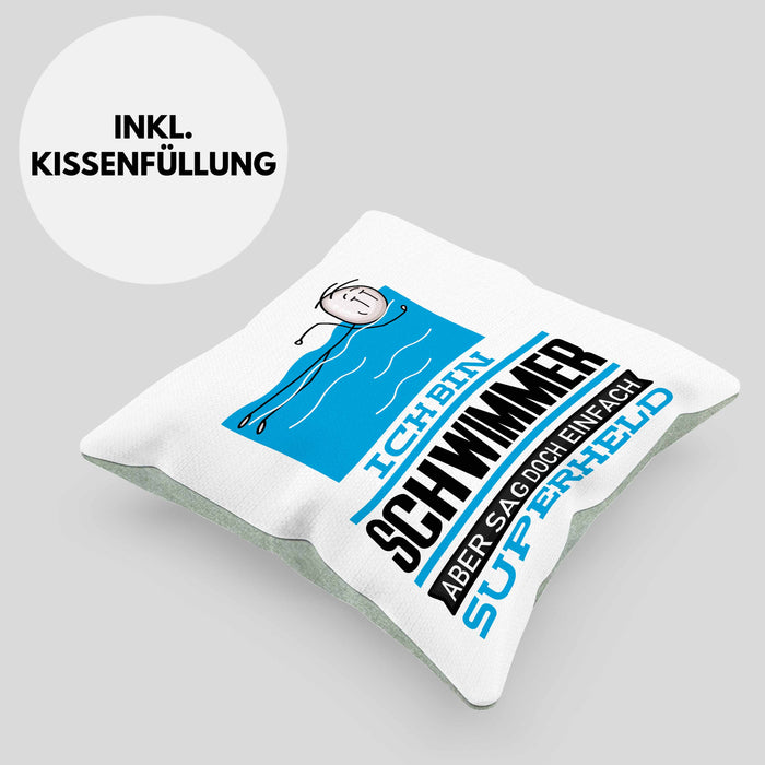 Schwimmer Geschenk Kissen mit Füllung 40x40 Ich Bin Schwimmer Aber Sag Doch Einfach Superheld Lustige Geschenkdiee für Schwimmer (Grau) Grün Trendation
