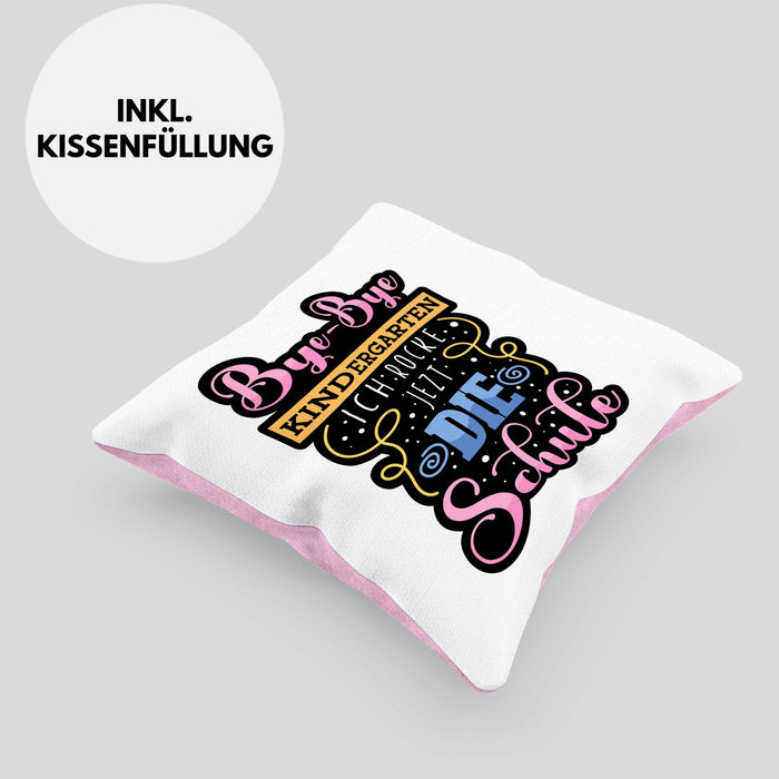 Einschulung Kissen mit Füllung 40x40 "Bye-Bye Kindergarten, Ich rocke jetzt die Schule" Geschenk für Schulanfänger (Grau) Rosa Trendation