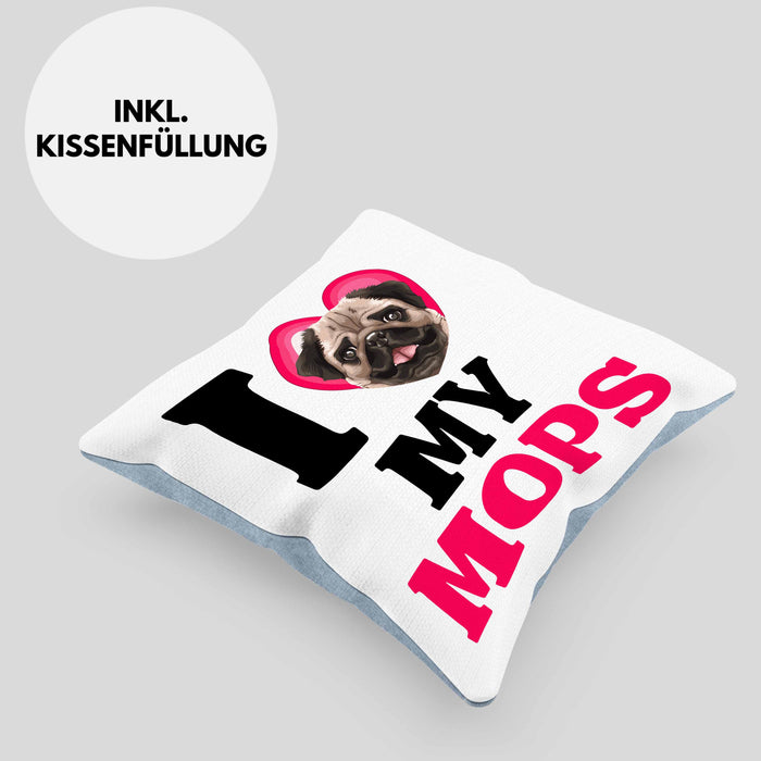 Mops Besitzerin Kissen mit Füllung 40x40 Geschenk Lustiger Spruch Geschenkidee I Love My Mops (Grau) Blau Trendation