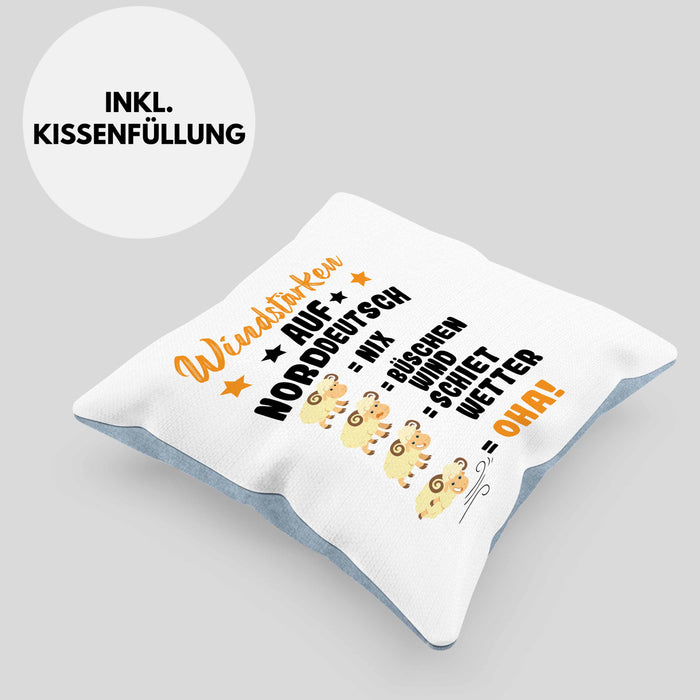 Windstärken Auf Norddeutsch Kissen mit Füllung 40x40 Geschenk Norddeutschland Spruch Büschen Wind Schiet Wetter (Grau) Blau Trendation