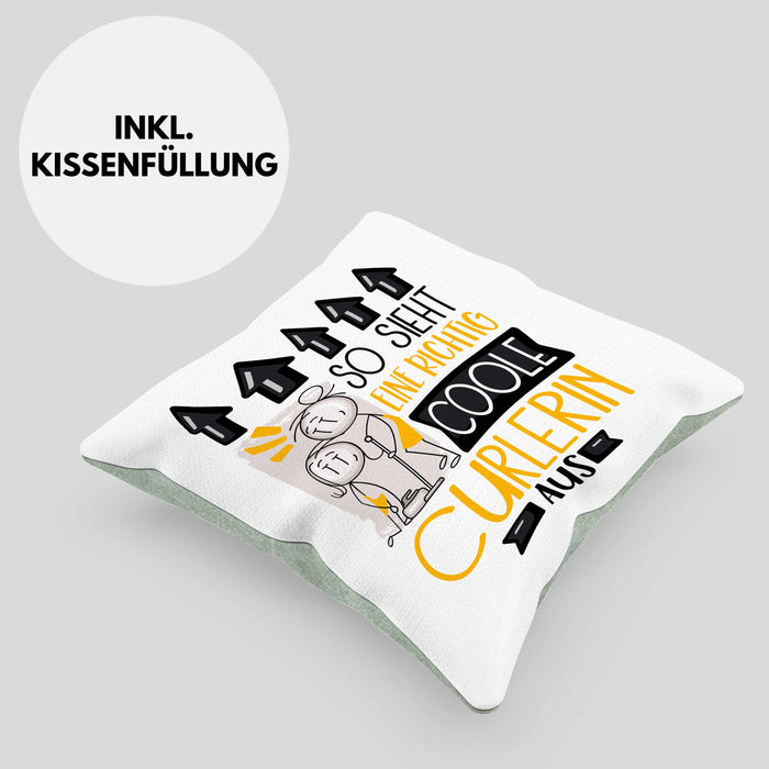 Curlerin Geschenk Kissen mit Füllung 40x40 Geschenkidee für Curlerin Geburtstag Weihnachten Spruch So Sieht Eine Richtig Coole Curlerin Aus (Grau) Grün Trendation