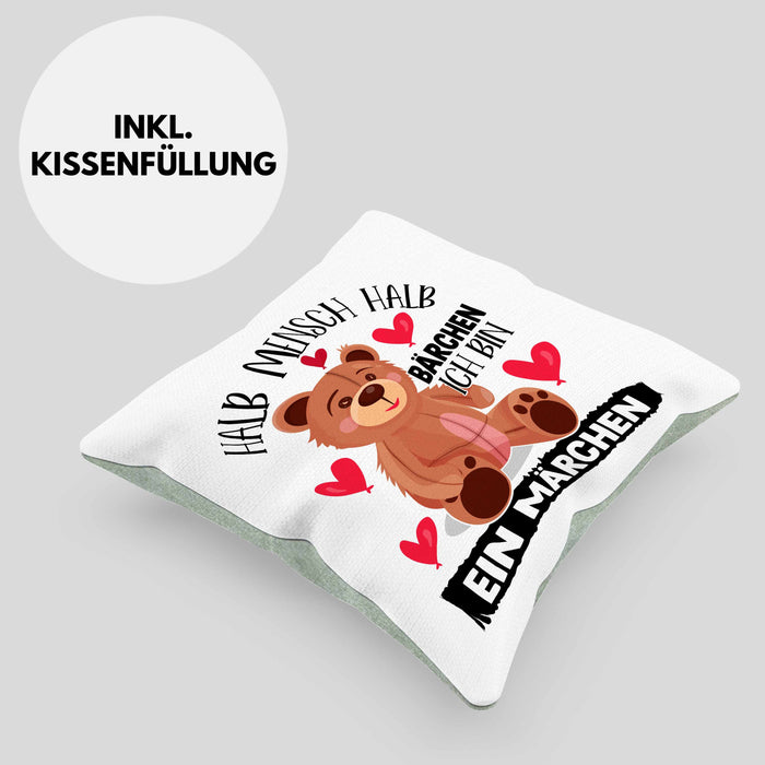 Kuscheln Geschenk Kissen mit Füllung 40x40 Teddy Halb Mensch Halb Bärchen Ich Bin Ein Märchen Geschenkidee (Grau) Grün Trendation