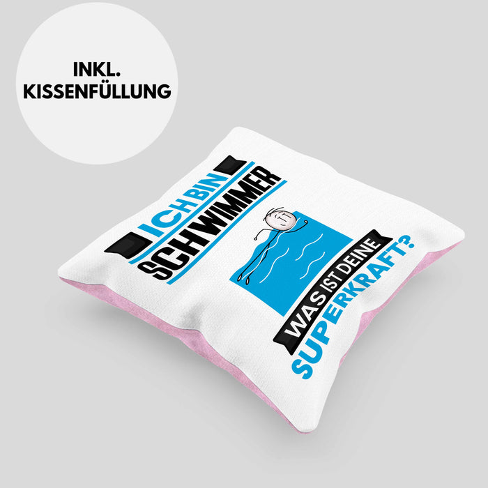 Schwimmer Kissen mit Füllung 40x40 Geschenk für Schwimmer Geburtstag Lustiger Spruch Was Ist Deine Superkraft (Grau) Rosa Trendation