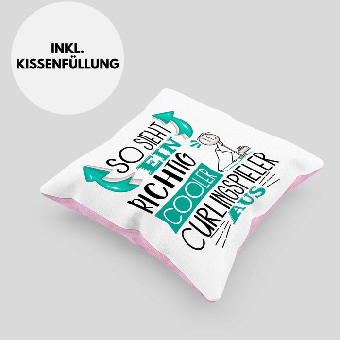 Curlingspieler Kissen mit Füllung 40x40 Geschenk So Sieht Ein RIchtig Cooler Curlingspieler Aus Geschenkidee Lustiger Spruch Geburtstag Curling Spieler (Grau) Rosa Trendation