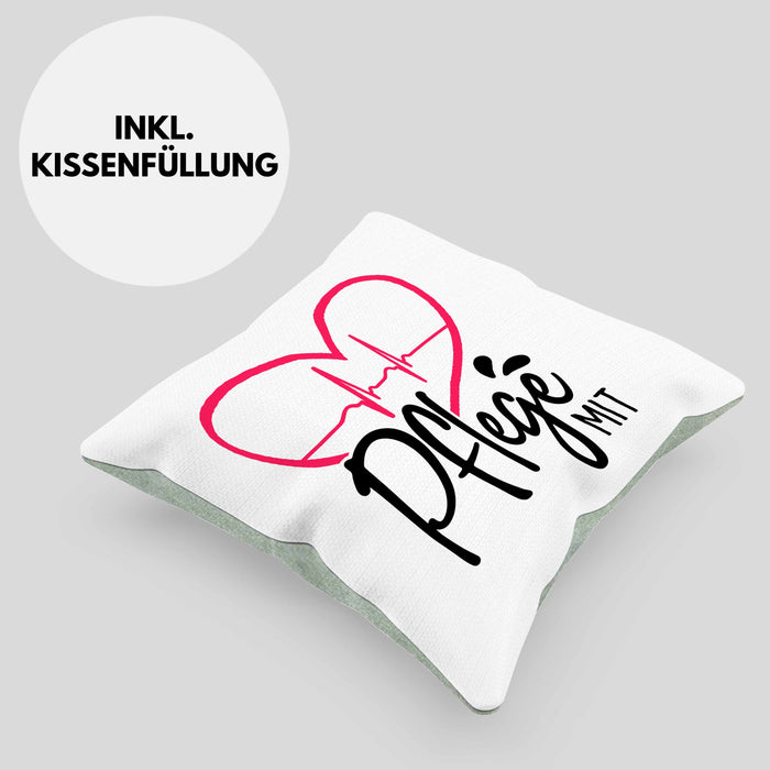 Geschenkidee Pfleger Kissen mit Füllung 40x40 "Pflege mit Herz" Grafik Pfleger Geschenk (Grau) Grün Trendation