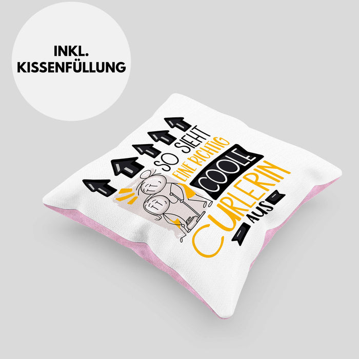 Curlerin Geschenk Kissen mit Füllung 40x40 Geschenkidee für Curlerin Geburtstag Weihnachten Spruch So Sieht Eine Richtig Coole Curlerin Aus (Grau) Rosa Trendation