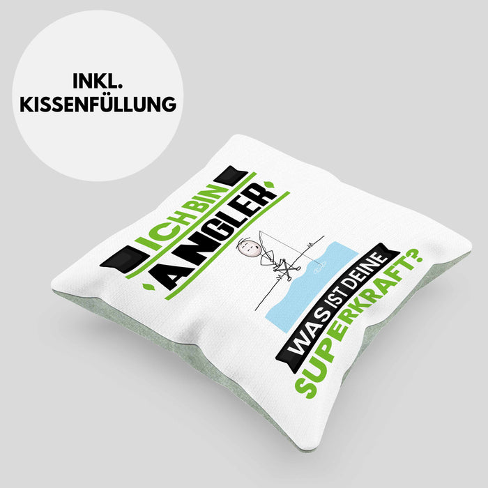 Angler Kissen mit Füllung 40x40 Geschenk für Angler Geburtstag Lustiger Spruch Was Ist Deine Superkraft (Grau) Grün Trendation